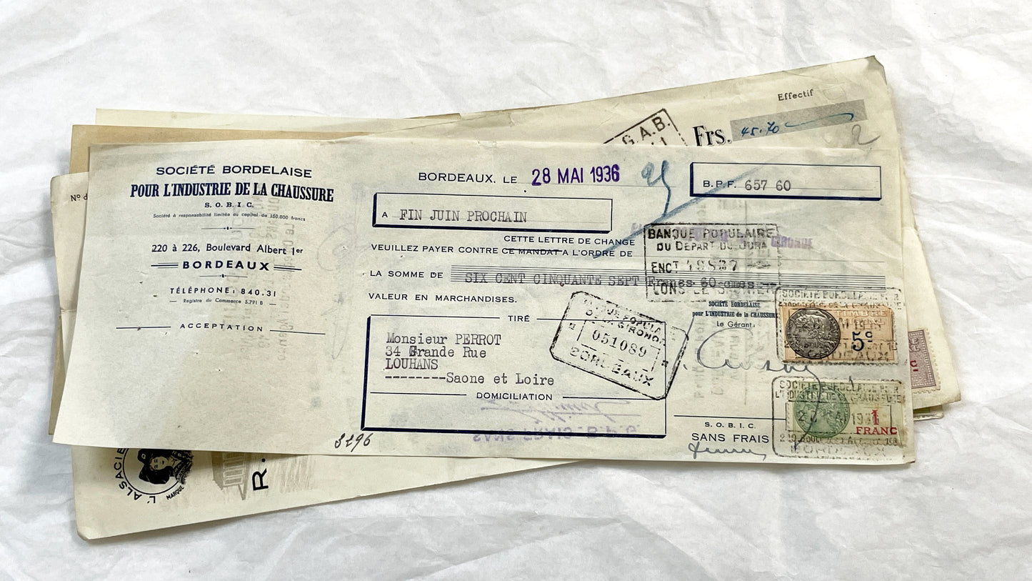 1930s - Lot of 6 Vintage French Bills of Exchange – Handwritten Commercial Documents with Stamps