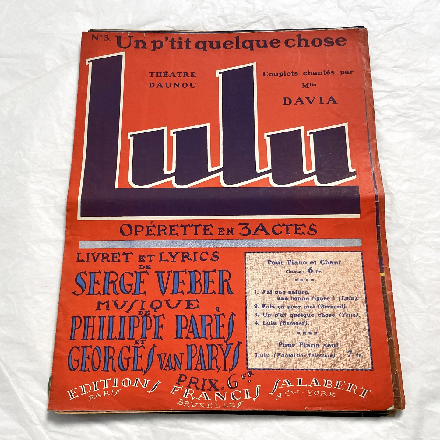 1920s - Vintage French Operetta Sheet Music - Lulu Opérette en 3 Actes - Un P'tit Quelque Chose - Francis Salabert Edition - Mlle Davia