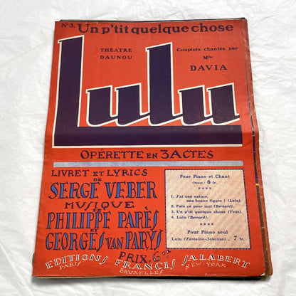 1920s - Vintage French Operetta Sheet Music - Lulu Opérette en 3 Actes - Un P'tit Quelque Chose - Francis Salabert Edition - Mlle Davia