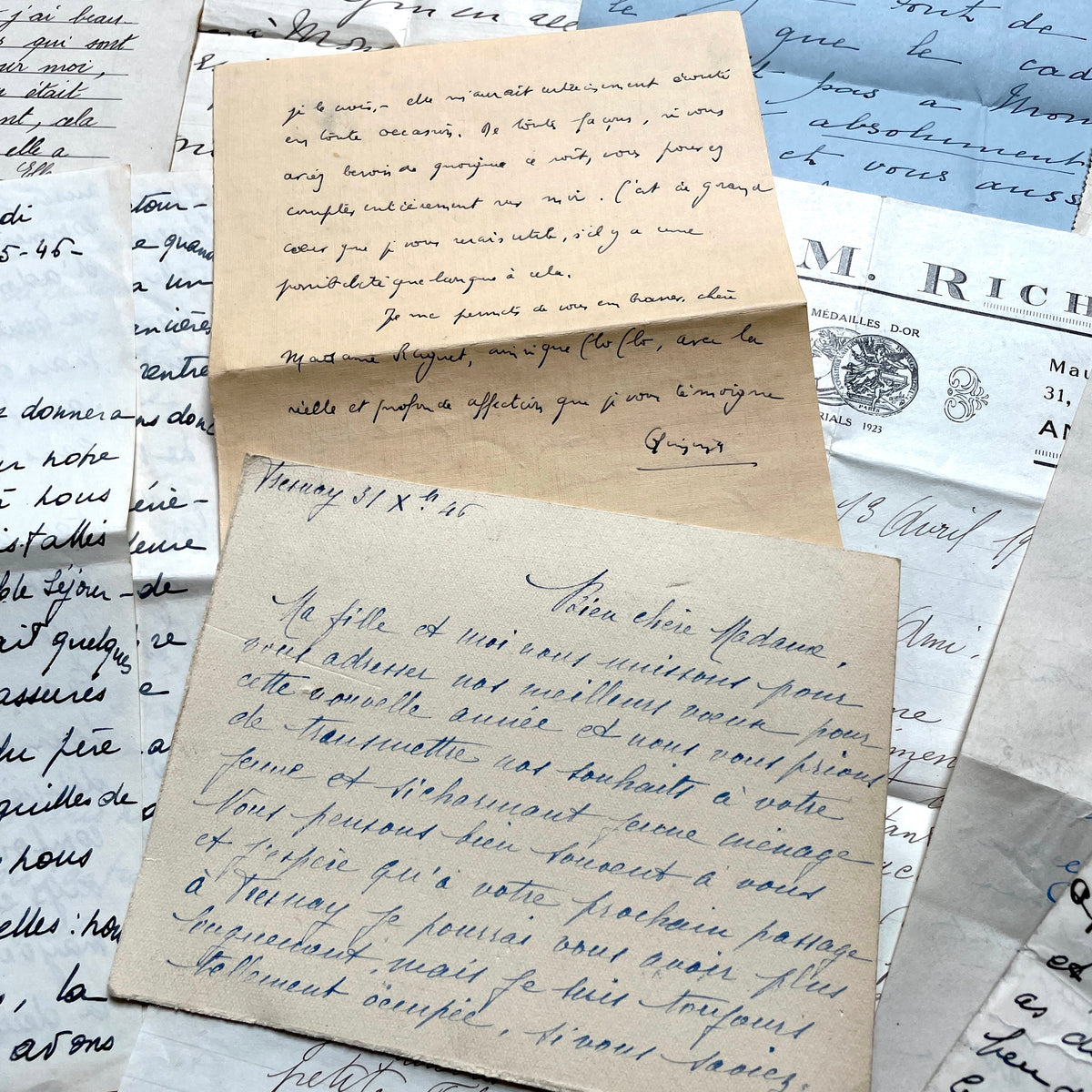 Set of 10 1930s vintage French letters with intricate handwritten script on antique paper, offering historical insight.