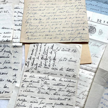 Set of 10 1930s vintage French letters with intricate handwritten script on antique paper, offering historical insight.