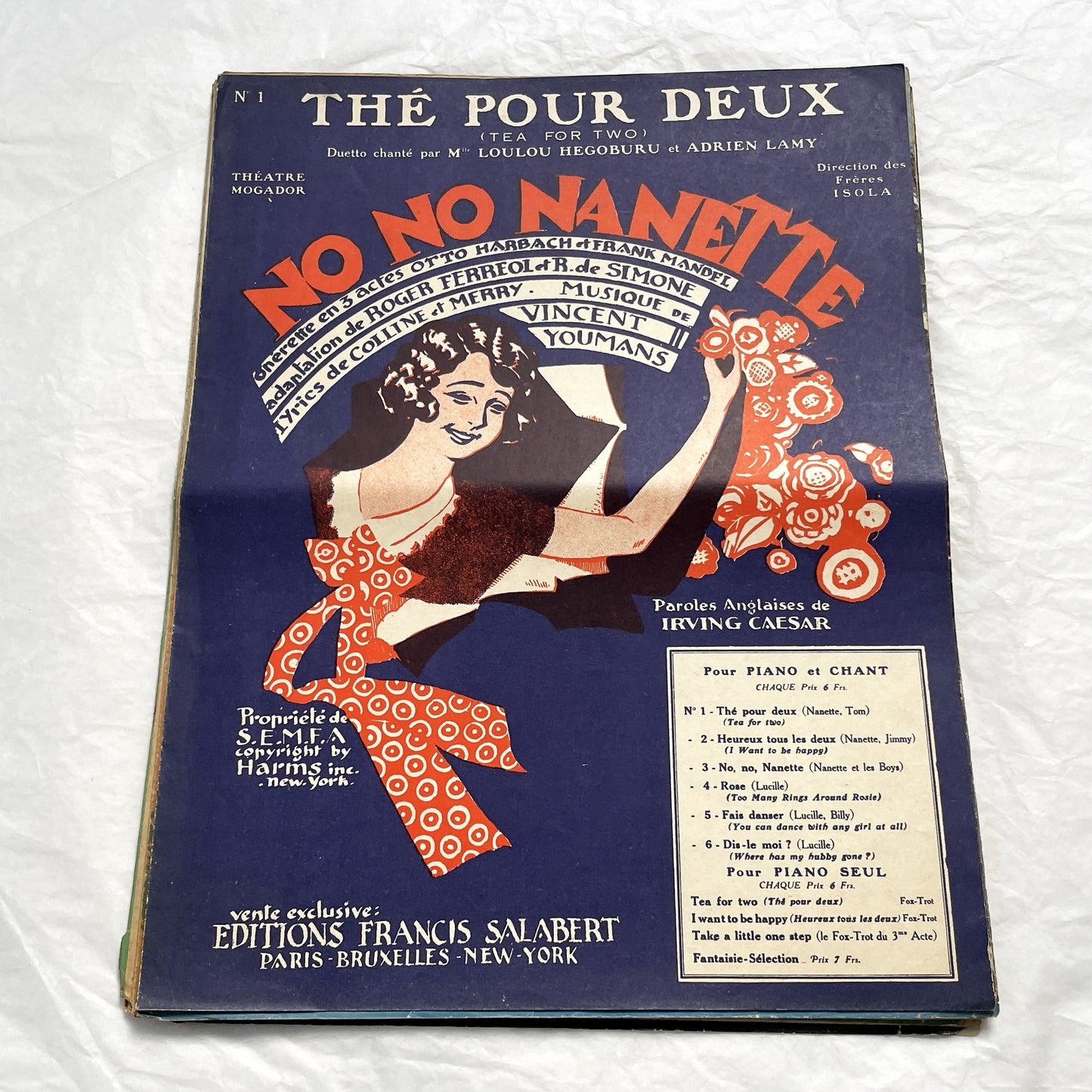 1920s - Vintage Sheet Music - Tea for Two - No No Nanette Operetta - Vincent Youmans Music - French Adaptation - 1926 Copyright Edition.