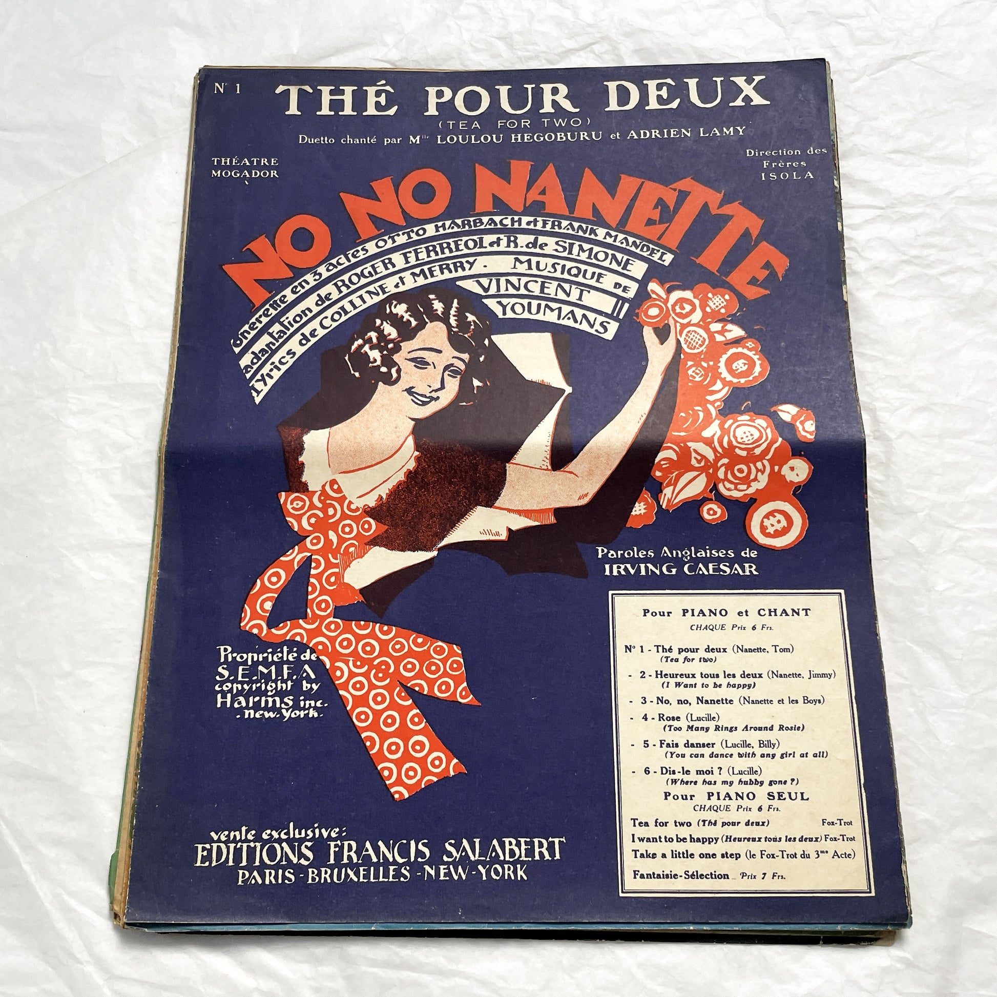 1920s - Vintage Sheet Music - Tea for Two - No No Nanette Operetta - Vincent Youmans Music - French Adaptation - 1926 Copyright Edition.