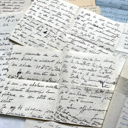 Set of 10 1930s vintage French letters with intricate handwritten script on antique paper, offering historical insight.