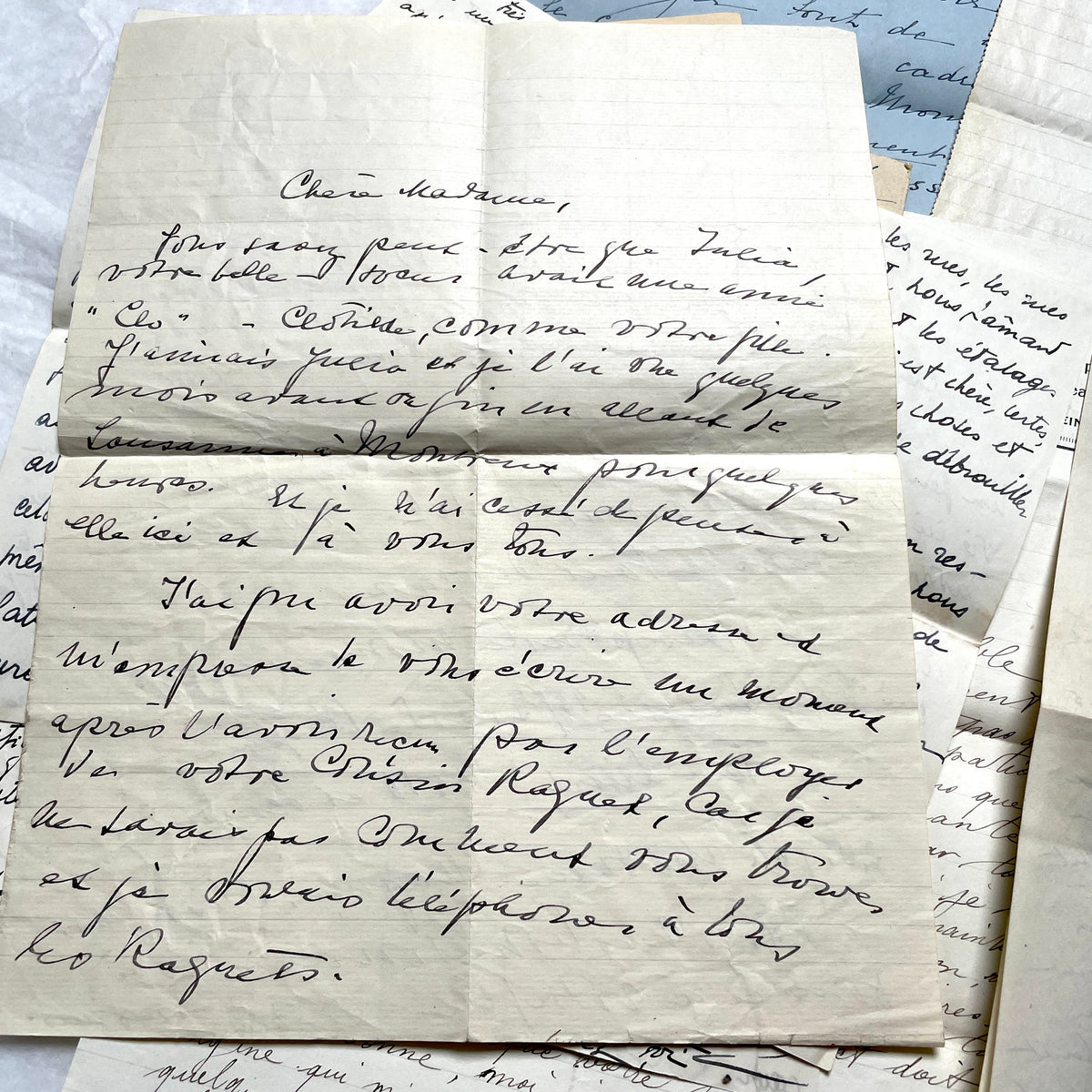 Set of 10 1930s vintage French letters with intricate handwritten script on antique paper, offering historical insight.