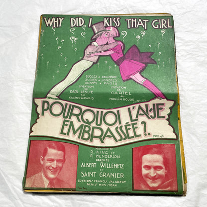 1920s - Vintage Music Sheet - 'Why Did I Kiss That Girl' - 'Pourquoi L'Aje Embrassée ?' - French-American Popular Song - Salabert