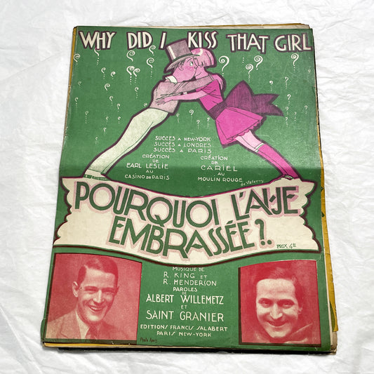 1920s - Vintage Music Sheet - 'Why Did I Kiss That Girl' - 'Pourquoi L'Aje Embrassée ?' - French-American Popular Song - Salabert