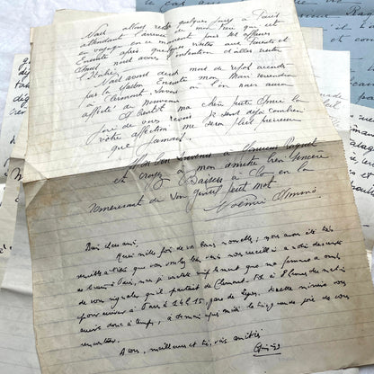 Set of 10 1930s vintage French letters with intricate handwritten script on antique paper, offering historical insight.