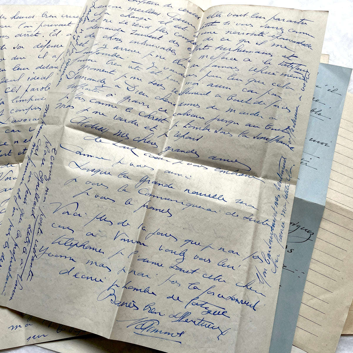 Set of 10 1930s vintage French letters with intricate handwritten script on antique paper, offering historical insight.