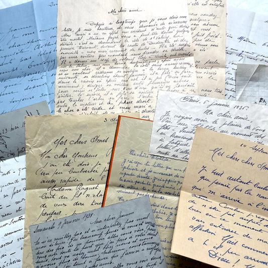 Set of 10 vintage 1930s French letters with beautiful handwritten cursive, showing personal correspondence from the past.