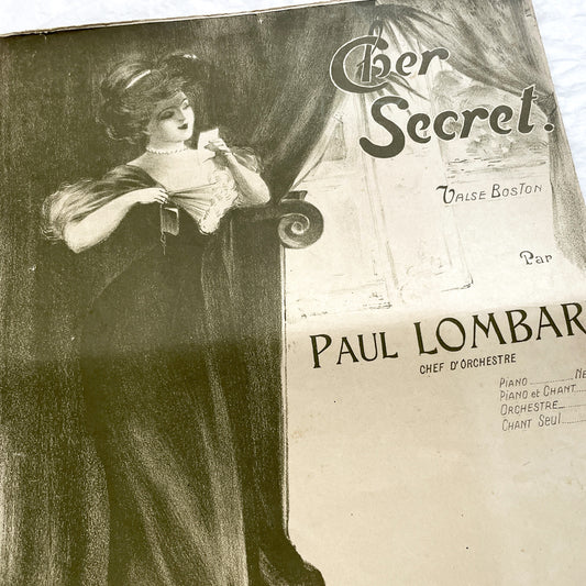 1900s - Antique French Sheet Music - Paul Lombard's 'Cher Secret' Valse Boston Piano and Vocal Score - Belle Epoque Cover Art