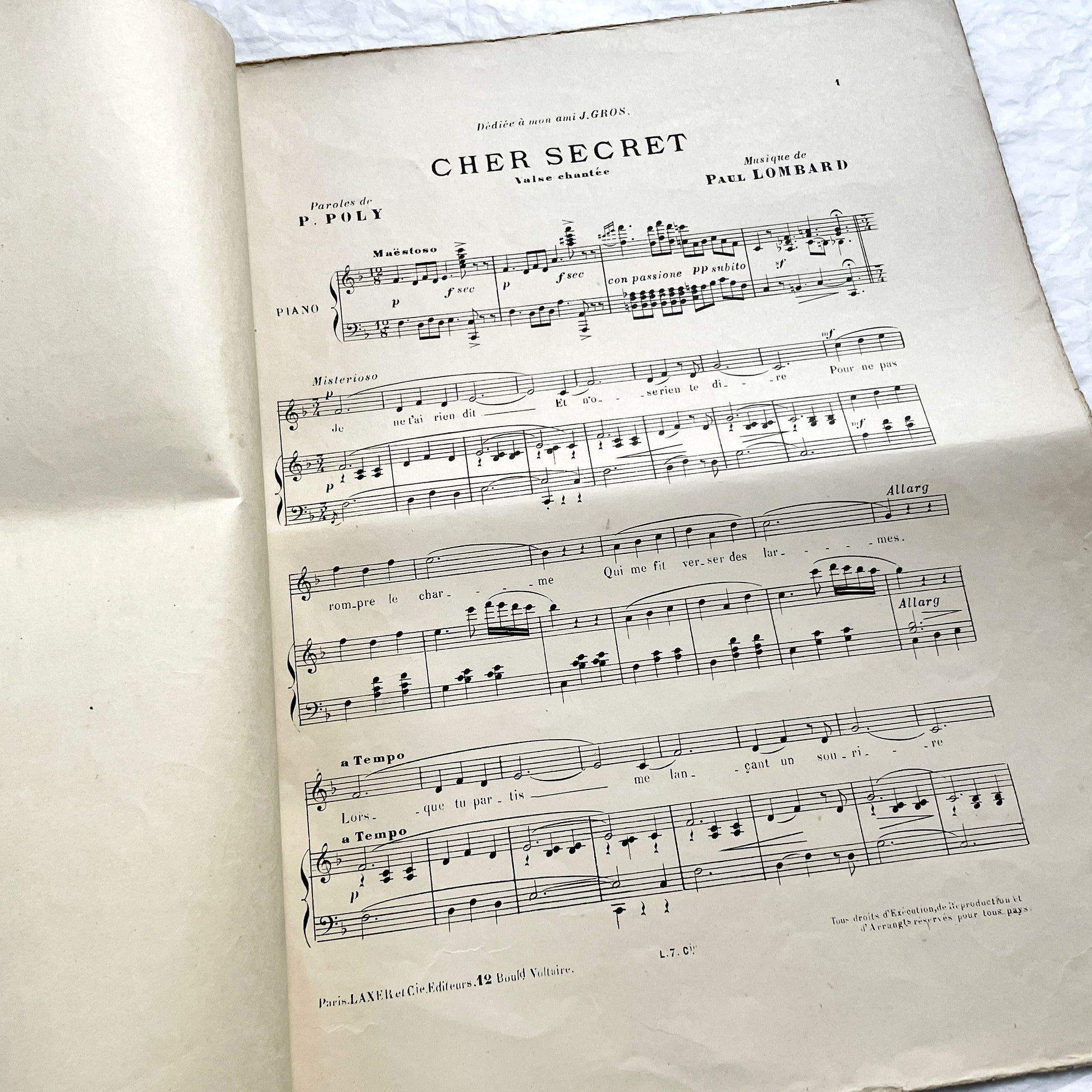1900s - Antique French Sheet Music - Paul Lombard's 'Cher Secret' Valse Boston Piano and Vocal Score - Belle Epoque Cover Art