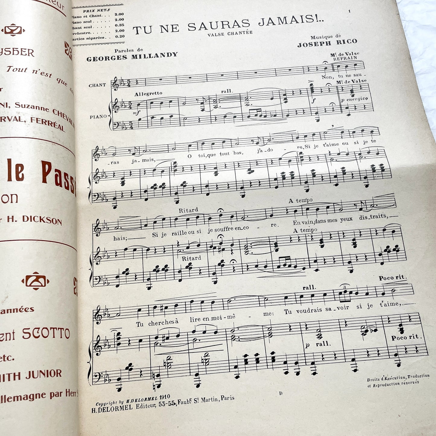 1910s - Vintage French Sheet Music - Tu Ne Sauras Jamais! - Joseph Rico - Georges Millandy - Romantic Waltz - H. Delormel Paris