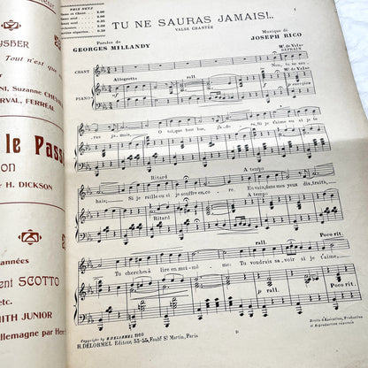 1910s - Vintage French Sheet Music - Tu Ne Sauras Jamais! - Joseph Rico - Georges Millandy - Romantic Waltz - H. Delormel Paris