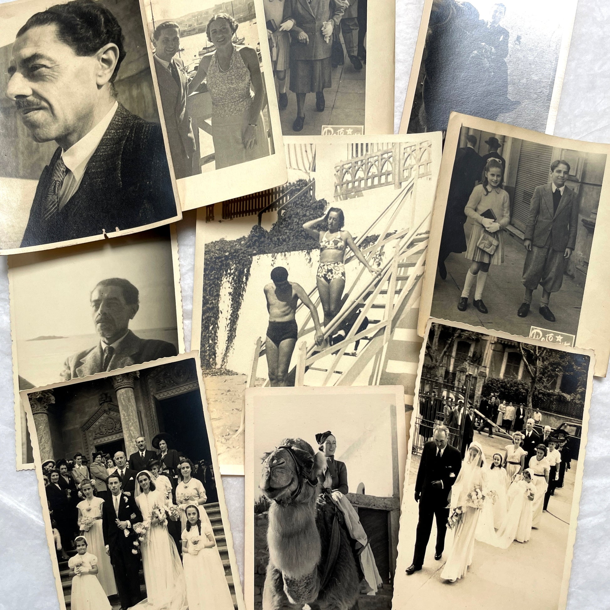 Lot of 1940s vintage photographs featuring family portraits, wedding scenes, beachgoers, and a person riding a camel.