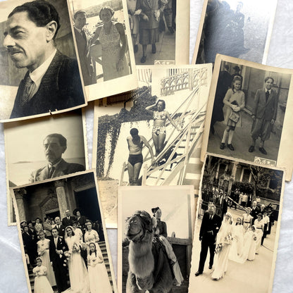 Lot of 1940s vintage photographs featuring family portraits, wedding scenes, beachgoers, and a person riding a camel.