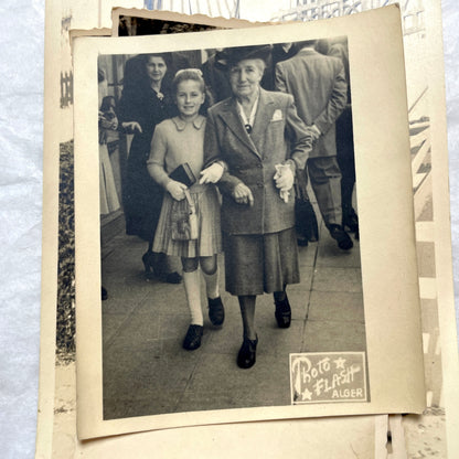 Lot of 1940s vintage photographs featuring family portraits, wedding scenes, beachgoers, and a person riding a camel.