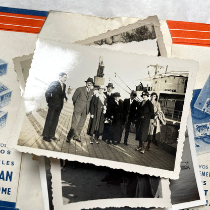 1930s vintage photographs lot showing European family life, children, classic cars, and travel scenes including a ship.