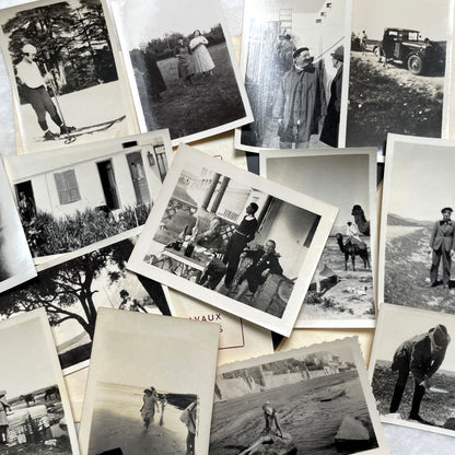 1930s vintage photograph lot showing French family life, travel, skiing, beach scenes, and a vintage car.