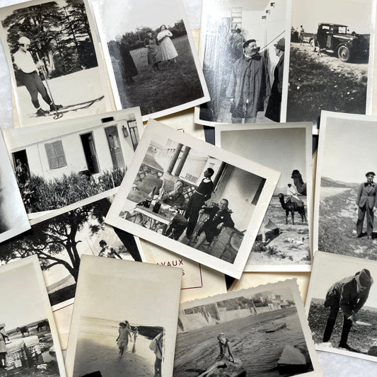 1930s vintage photograph lot showing French family life, travel, skiing, beach scenes, and a vintage car.