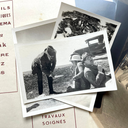 1930s vintage photograph lot showing French family life, travel, skiing, beach scenes, and a vintage car.