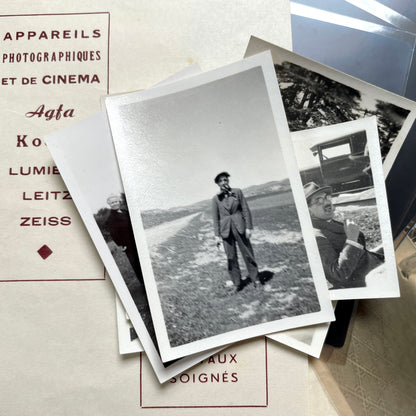 1930s vintage photograph lot showing French family life, travel, skiing, beach scenes, and a vintage car.