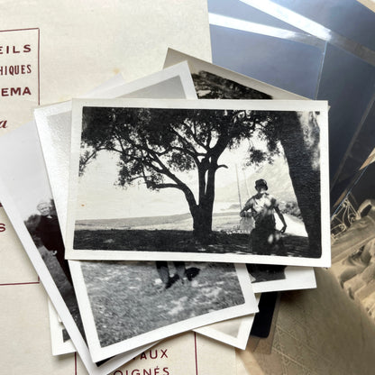 1930s vintage photograph lot showing French family life, travel, skiing, beach scenes, and a vintage car.
