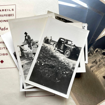 1930s vintage photograph lot showing French family life, travel, skiing, beach scenes, and a vintage car.