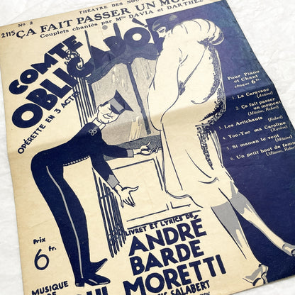1920s - French Musical Score - 'Comte Obligado' Operetta by Moretti and Barde - 'Ça Fait Passer Un Moment' Sheet Music - Salabert Editions.