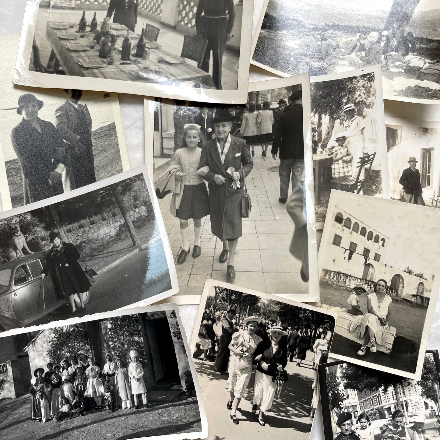 1940s vintage French photograph lot showing families, children, and daily life scenes in black and white.