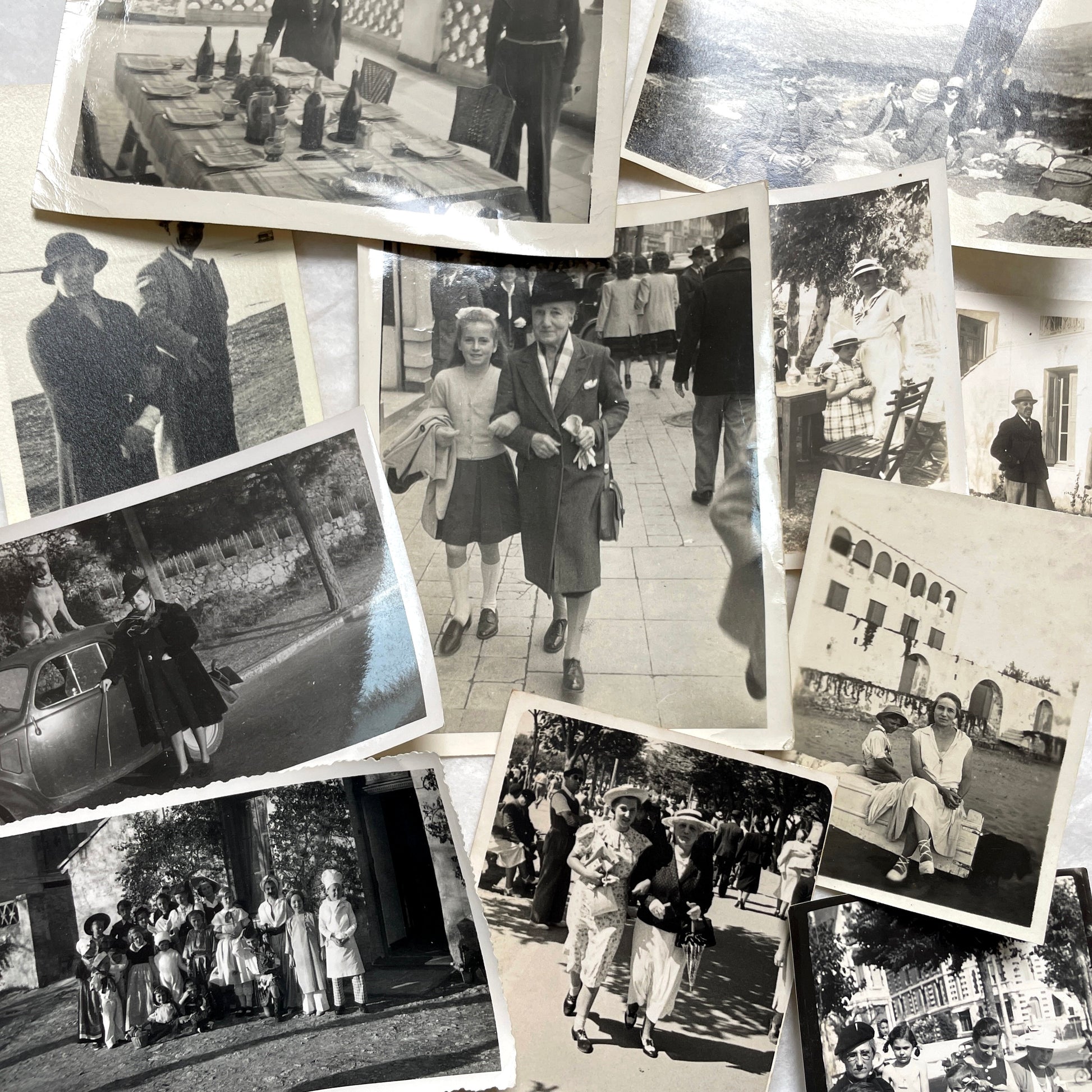 1940s vintage French photograph lot showing families, children, and daily life scenes in black and white.