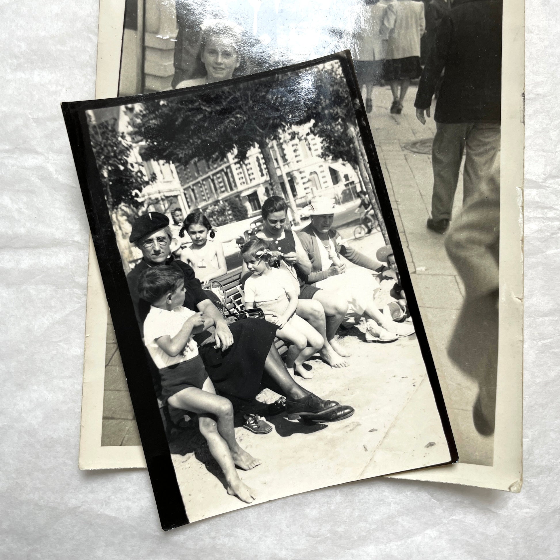 1940s vintage French photograph lot showing families, children, and daily life scenes in black and white.