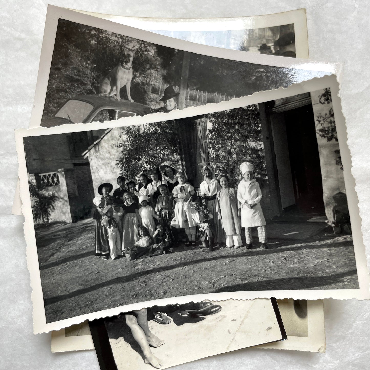 1940s vintage French photograph lot showing families, children, and daily life scenes in black and white.