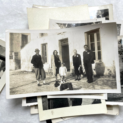 1940s vintage French photograph lot showing families, children, and daily life scenes in black and white.