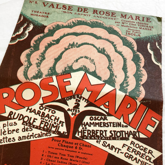 1920s - Vintage Sheet Music Score for Rose Marie Operetta - Valse de Rose Marie 'Mon Esprit Angoisse' - French Edition - Piano and Voice