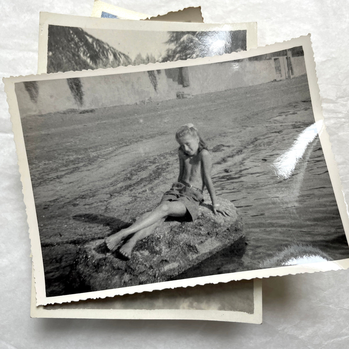 Lot of 1940s vintage photographs showing people skiing, a camel rider, an ocean scene with a military man, and a dog.