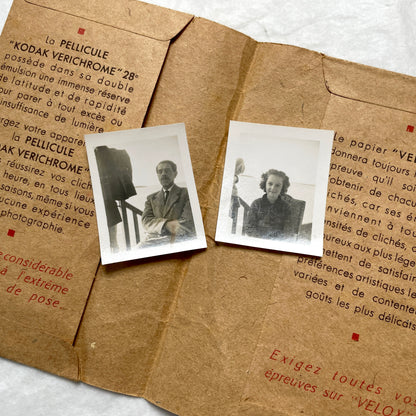1940s vintage photographs lot featuring assorted black and white family portraits and scenes on a classic Kodaks bag.