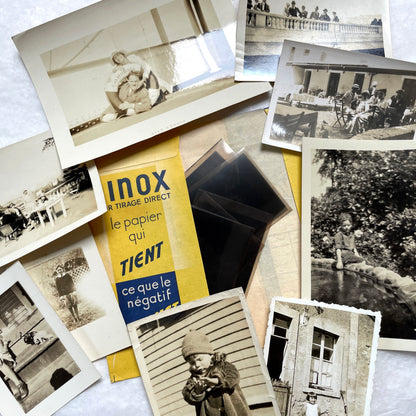 1930s vintage photo lot with French family scenes and original negatives, capturing nostalgic moments of daily life.