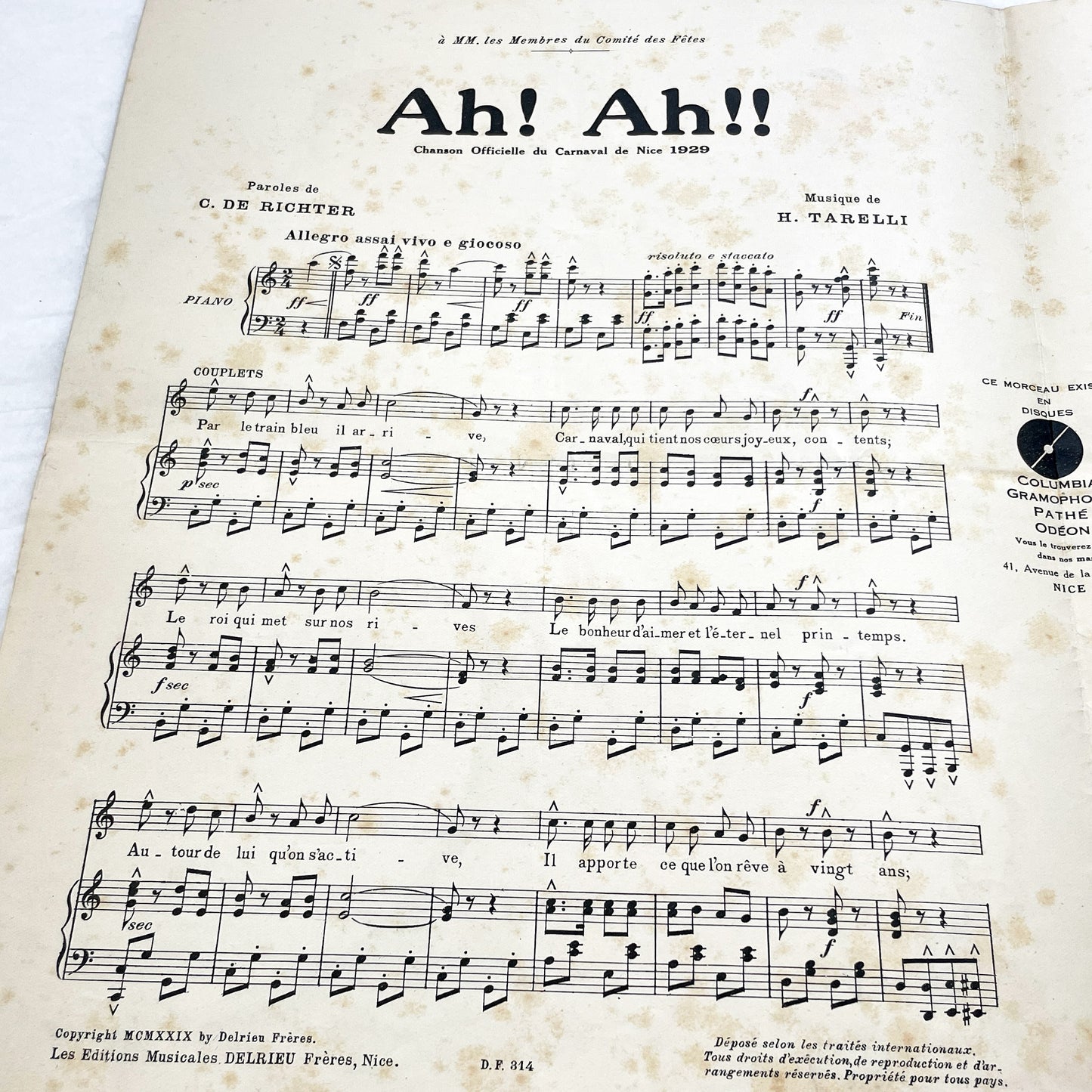 1920s - Vintage French Music Sheet - Nice Carnival Official Song 1929 - Ah! Ah!! - Gustav Adlof Moossa cover - Delrieu Frères