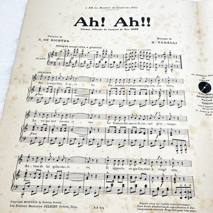 1920s - Vintage French Music Sheet - Nice Carnival Official Song 1929 - Ah! Ah!! - Gustav Adlof Moossa cover - Delrieu Frères