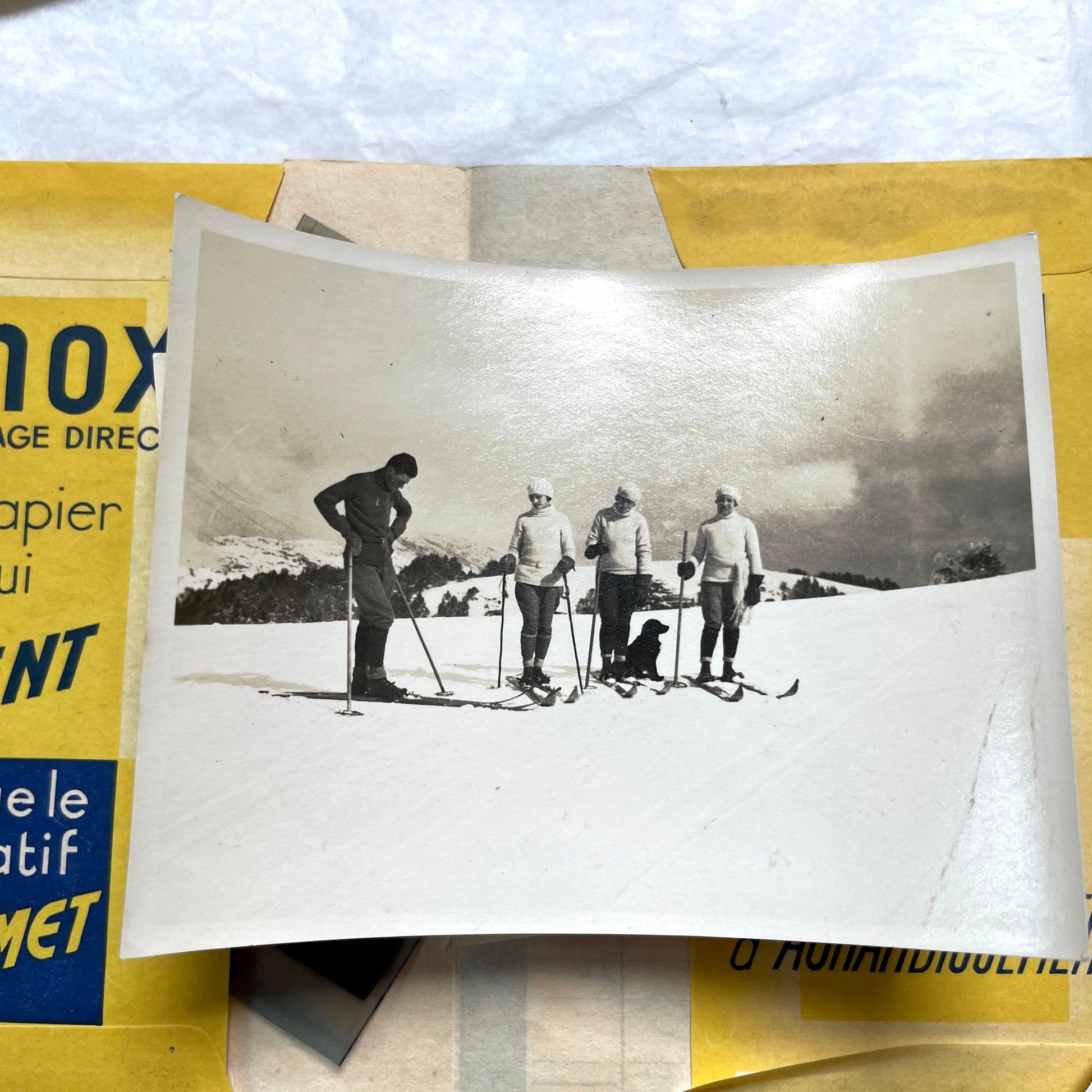1920s vintage photograph lot showing people skiing in mountains, riding camels in the desert, and gathered on a ship deck.