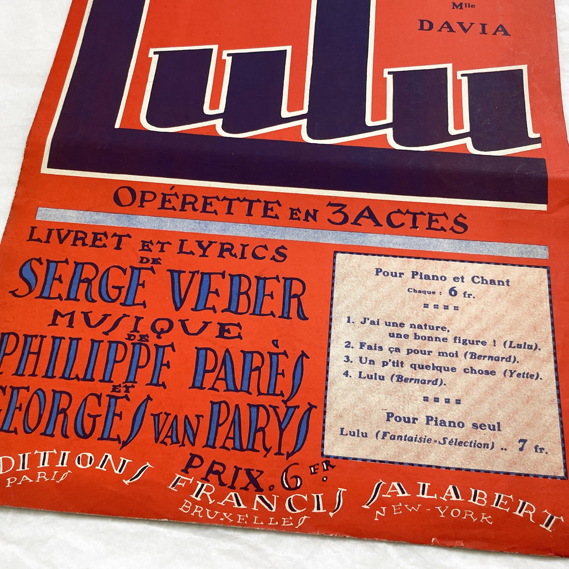 1920s - Vintage French Operetta Sheet Music - Lulu Opérette en 3 Actes - Un P'tit Quelque Chose - Francis Salabert Edition - Mlle Davia