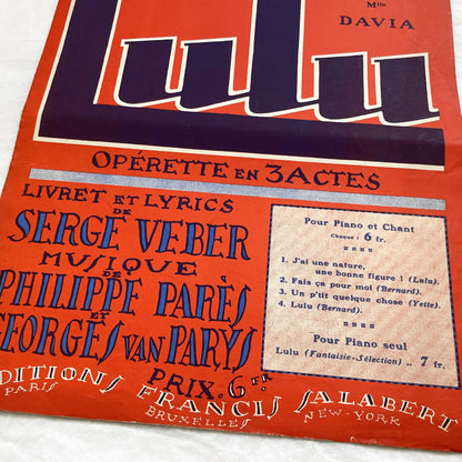 1920s - Vintage French Operetta Sheet Music - Lulu Opérette en 3 Actes - Un P'tit Quelque Chose - Francis Salabert Edition - Mlle Davia