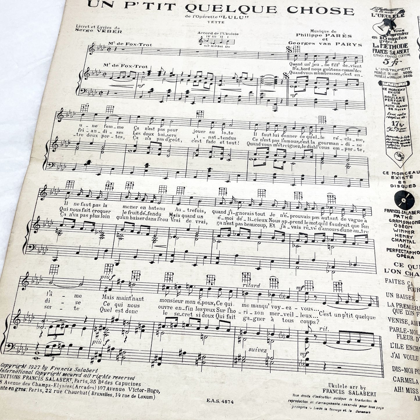 1920s - Vintage French Operetta Sheet Music - Lulu Opérette en 3 Actes - Un P'tit Quelque Chose - Francis Salabert Edition - Mlle Davia