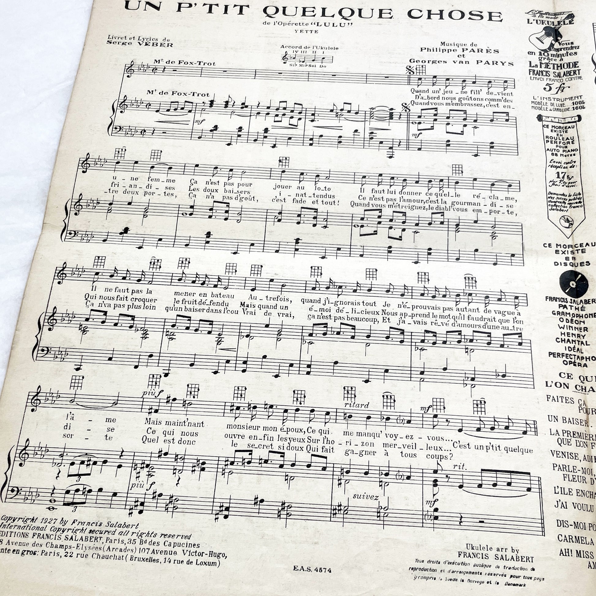 1920s - Vintage French Operetta Sheet Music - Lulu Opérette en 3 Actes - Un P'tit Quelque Chose - Francis Salabert Edition - Mlle Davia