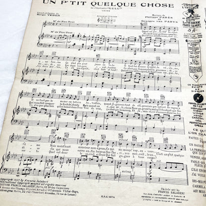 1920s - Vintage French Operetta Sheet Music - Lulu Opérette en 3 Actes - Un P'tit Quelque Chose - Francis Salabert Edition - Mlle Davia