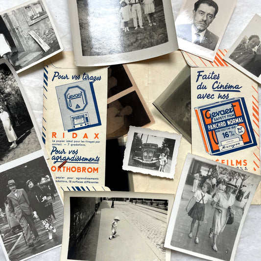 1930s French vintage photographs lot with Gevaert film and paper ephemera, showing everyday life and advertisements.