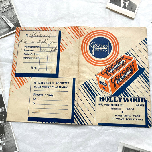 1930s French vintage photographs lot with Gevaert film and paper ephemera, showing everyday life and advertisements.