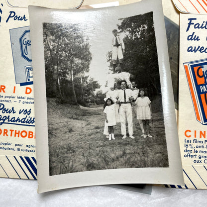 1930s French vintage photographs lot with Gevaert film and paper ephemera, showing everyday life and advertisements.