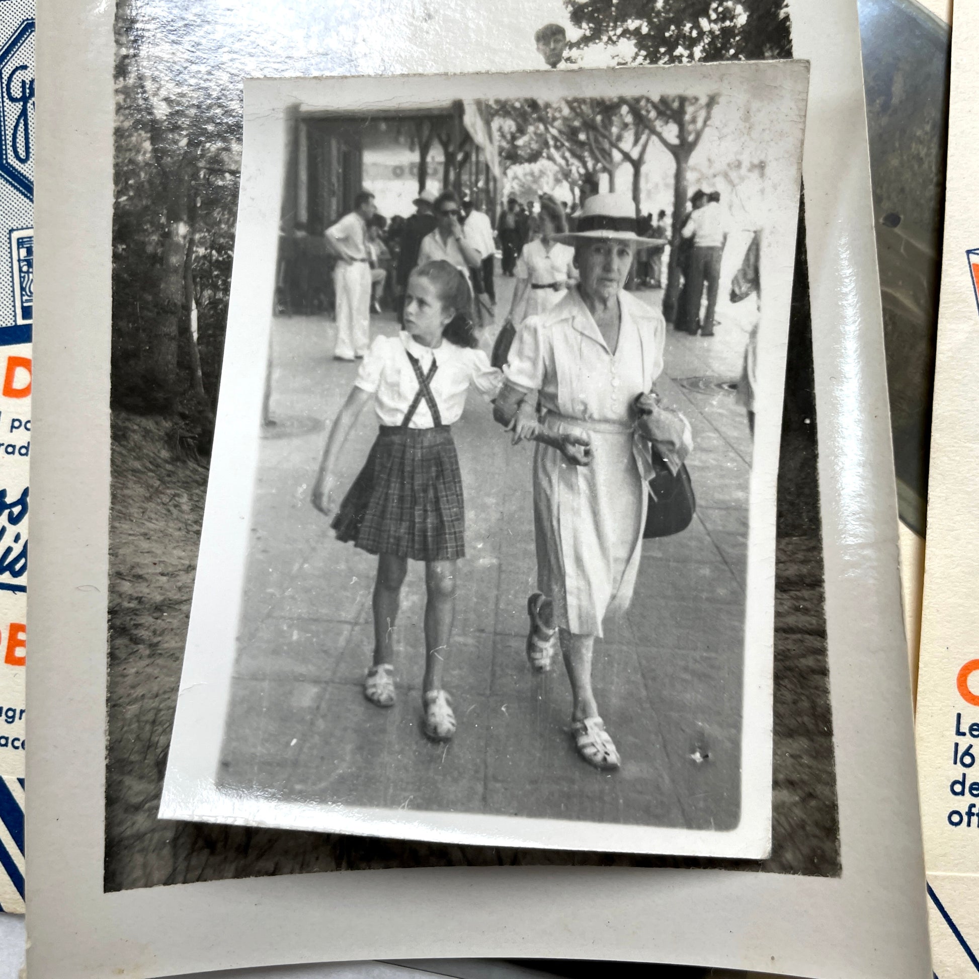 1930s French vintage photographs lot with Gevaert film and paper ephemera, showing everyday life and advertisements.